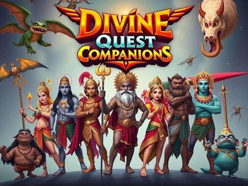 Divine Quest Companions Game Banner featuring Hindu deities and mythical creatures